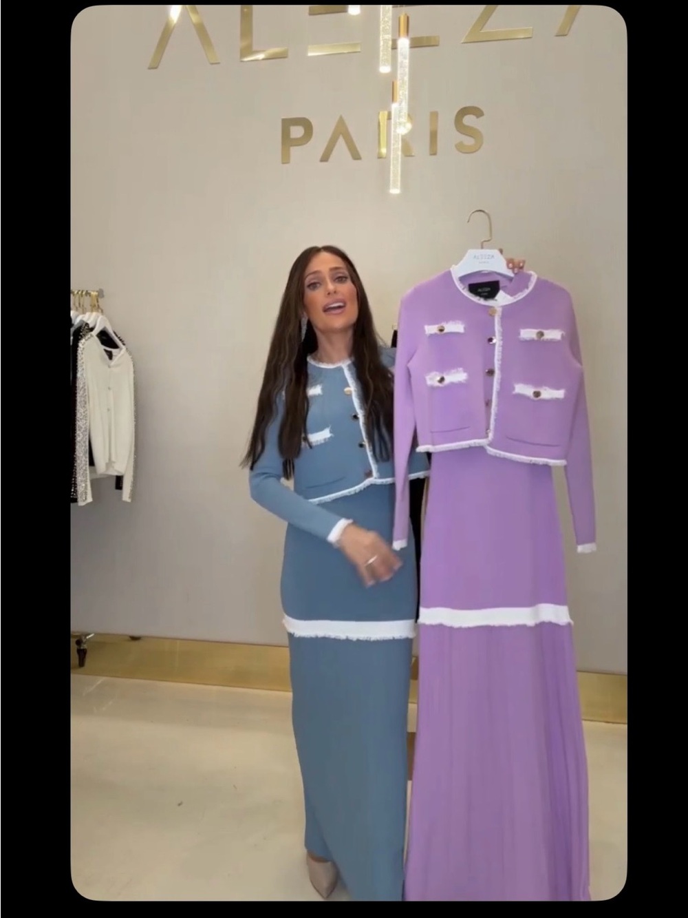 Aleeza Paris Two-Piece Knit Dress & Jacket Set in Lilac/white